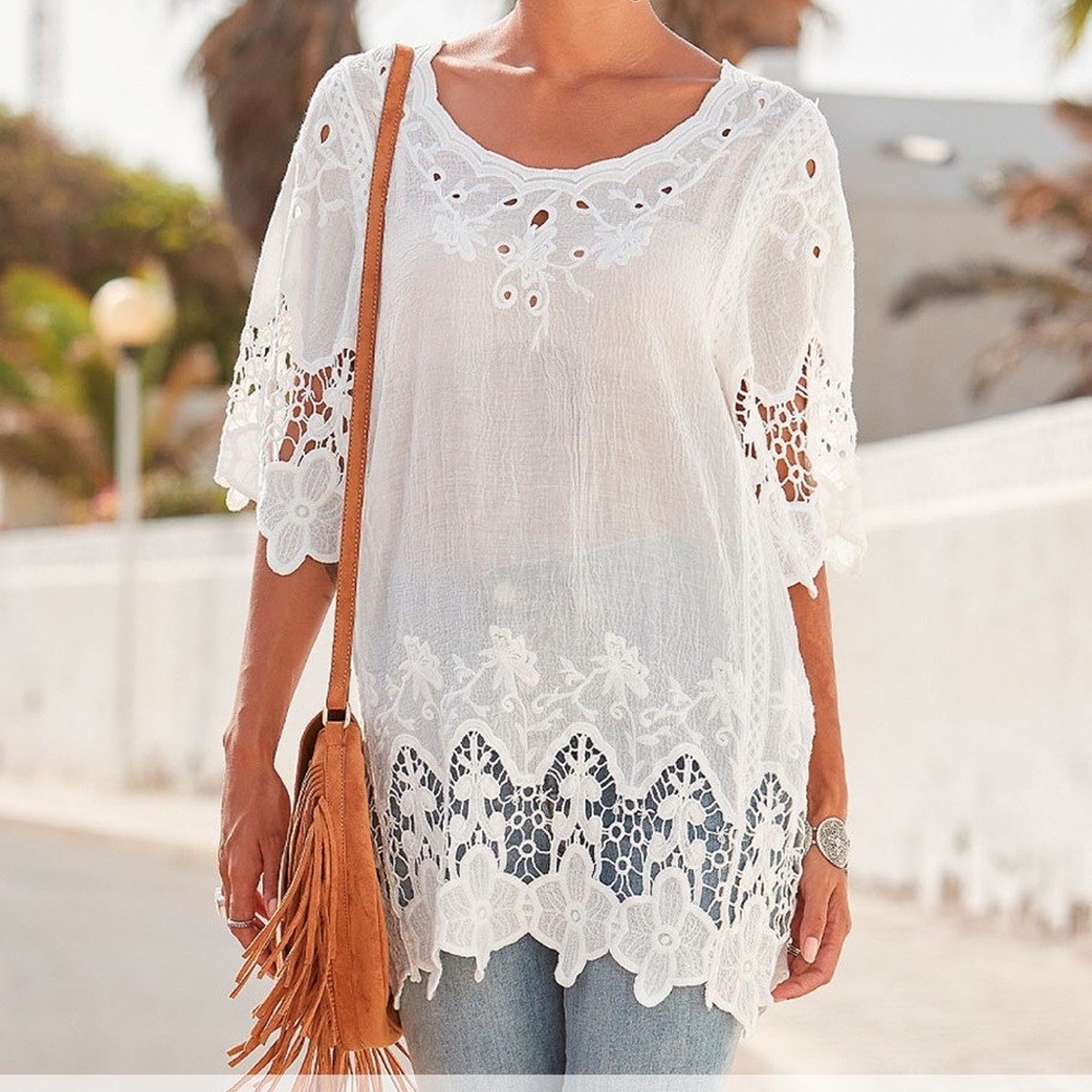NWT❣️Floral Crochet Eyelet Tunic Top
